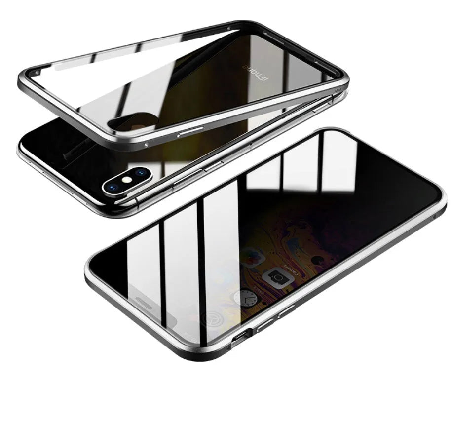 Glass anti-spy clamshell phone case in six colours for various iPhone models.