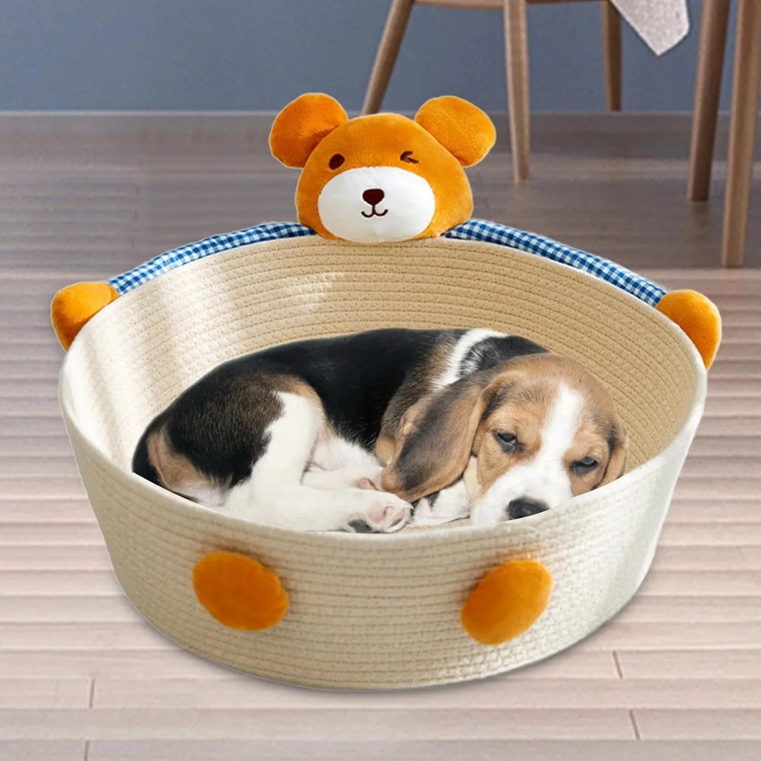 Woven cotton rope cat bed and scratching board basket shown in a home setting.