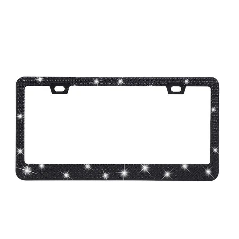 Stick-on crystals license plate frame with acrylic diamond finish on a stainless steel base, 310x160x0.8mm.