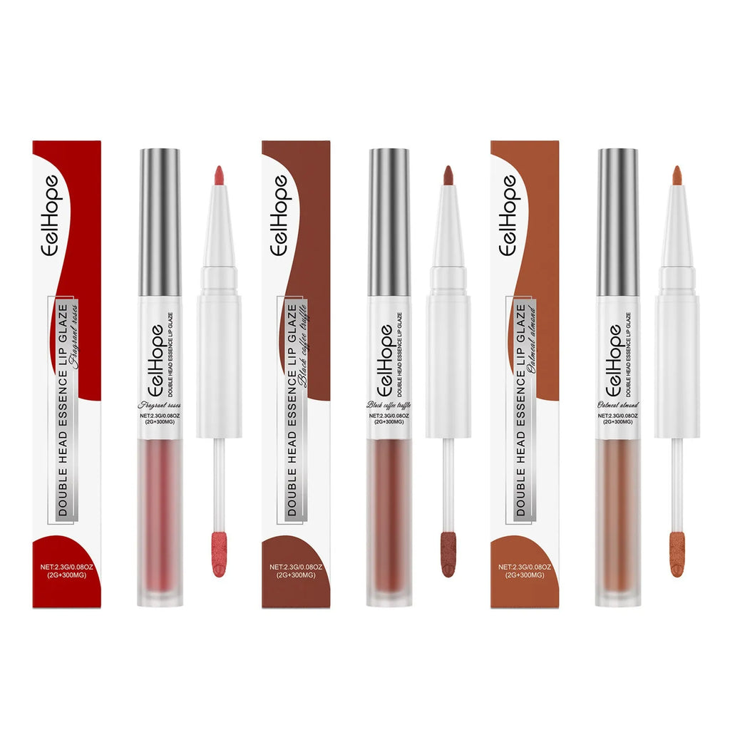Double-headed lip liner and lip lacquer pen with two applicators in one makeup product