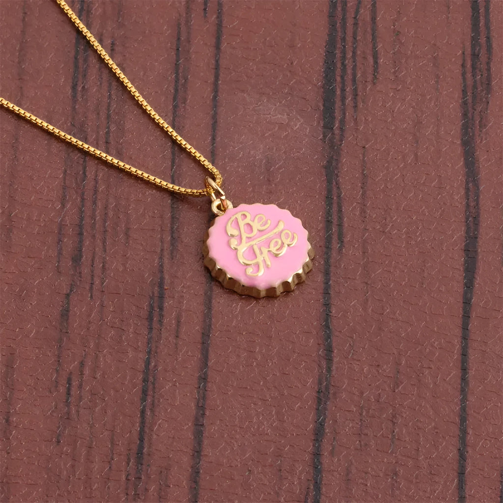 Copper bottle cap pendant necklace with electroplated 18K gold finish on 40cm box chain