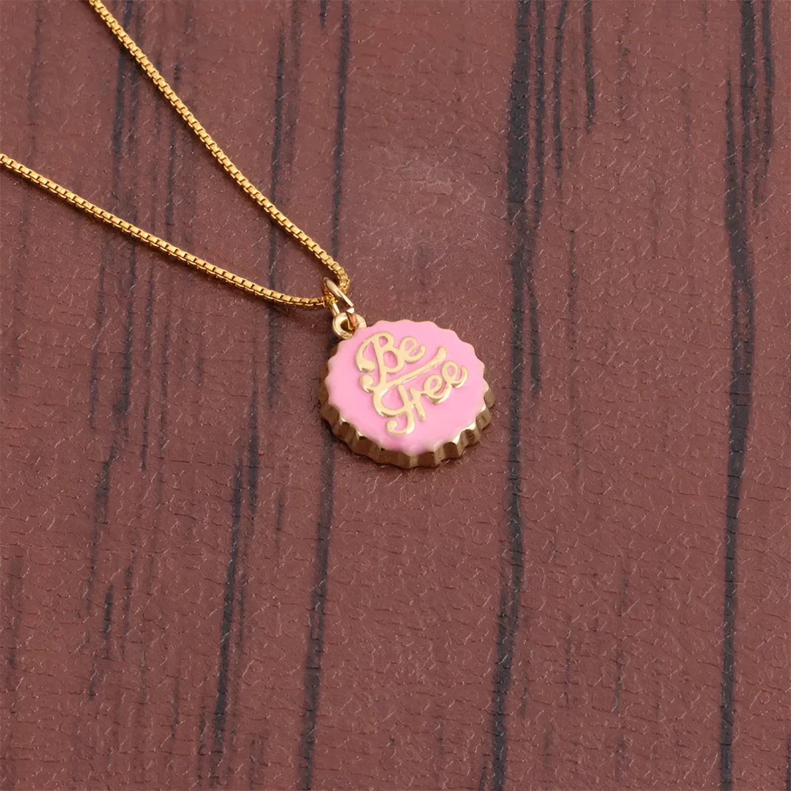 Copper bottle cap pendant necklace with electroplated 18K gold finish on 40cm box chain