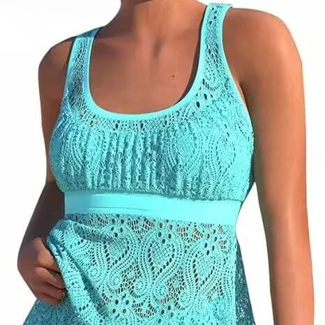 Women's conservative split two-piece swimwear set with hollow cut design and brief-style pants