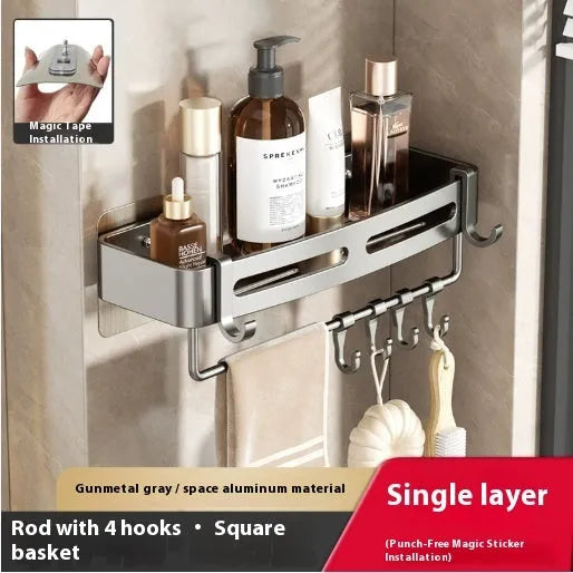 Gun gray triangle wall-mounted bathroom rack with rod, fan-shaped corner design, 15kg load capacity