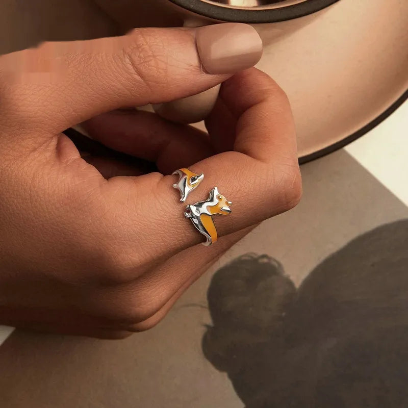 Silver cartoon corgi pet ring for women, electroplated in SCR1014-E colour.