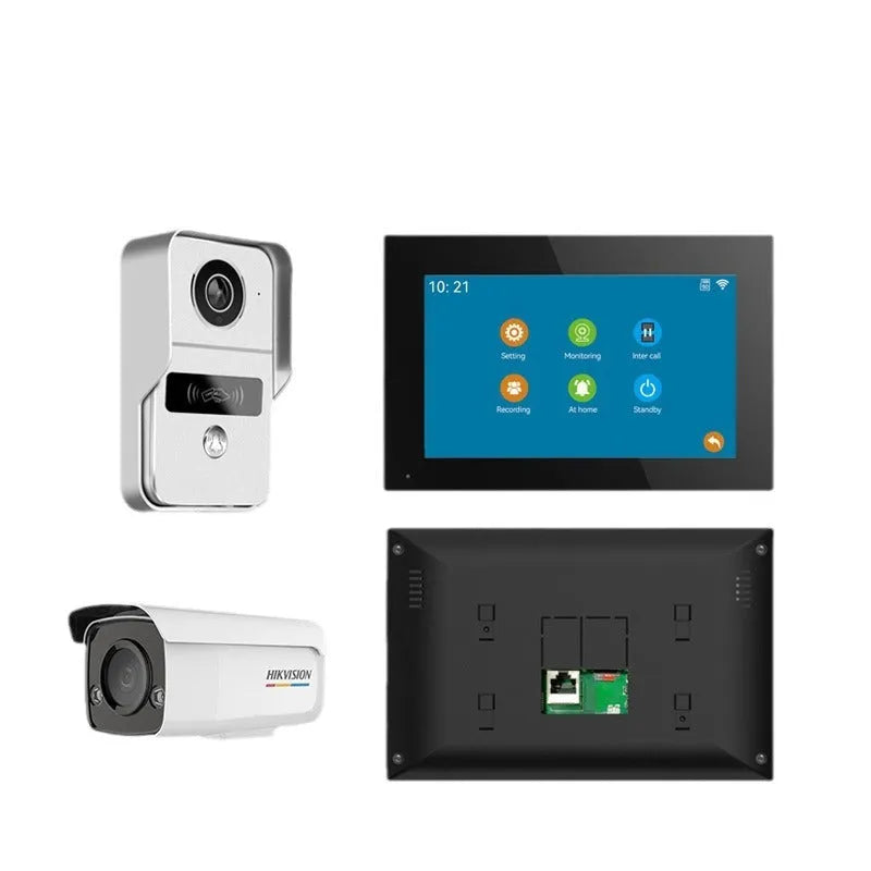 10-inch HD video intercom doorbell system with outdoor camera and indoor monitor unit.