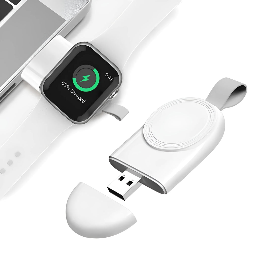 Portable Apple Watch wireless charging dock in white on a wooden table, with USB cable attached.