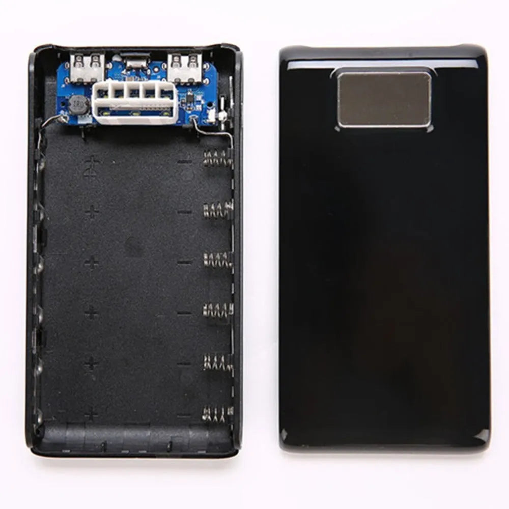 18650 6-cell DIY mobile charging bank case in black with Type-C and Micro USB ports, 22mm x 76mm x 150mm
