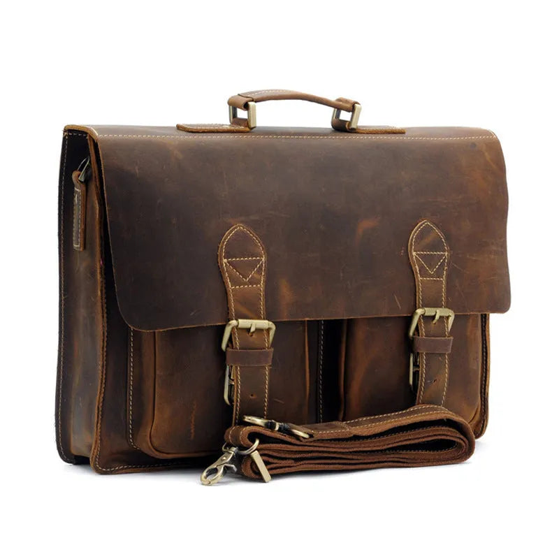 Small yellow brown Crazy Horse leather messenger bag for men with shoulder strap