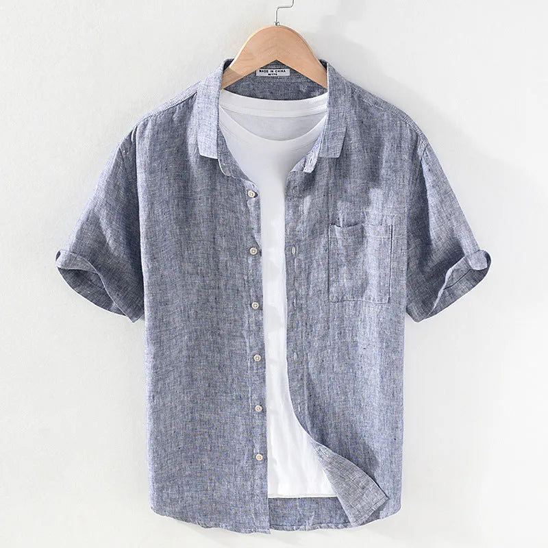 Men's linen short sleeve shirt with square collar in raw jute colour
