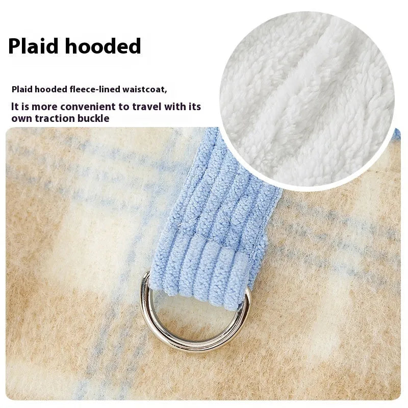 Blue corduroy dog hooded vest with chessboard grid pattern and traction hood