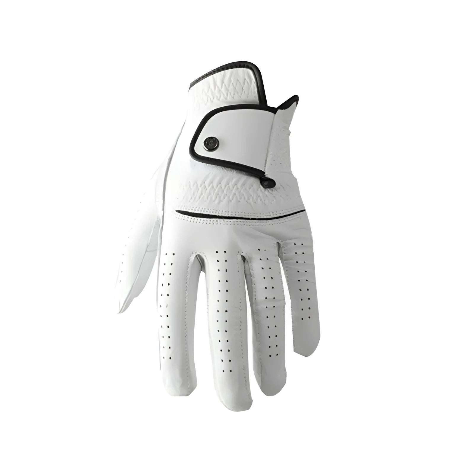 White half sheepskin men's golf glove showing non-slip palm and finger construction.