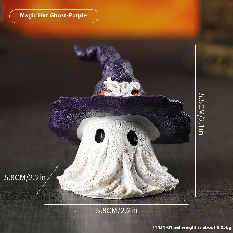 Resin wizard hat ghost Halloween ornament in black or purple for seasonal decoration
