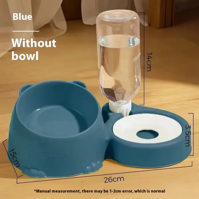 Automatic drinking pet basin with two stainless steel bowls and a ceramic water reservoir in haze blue.