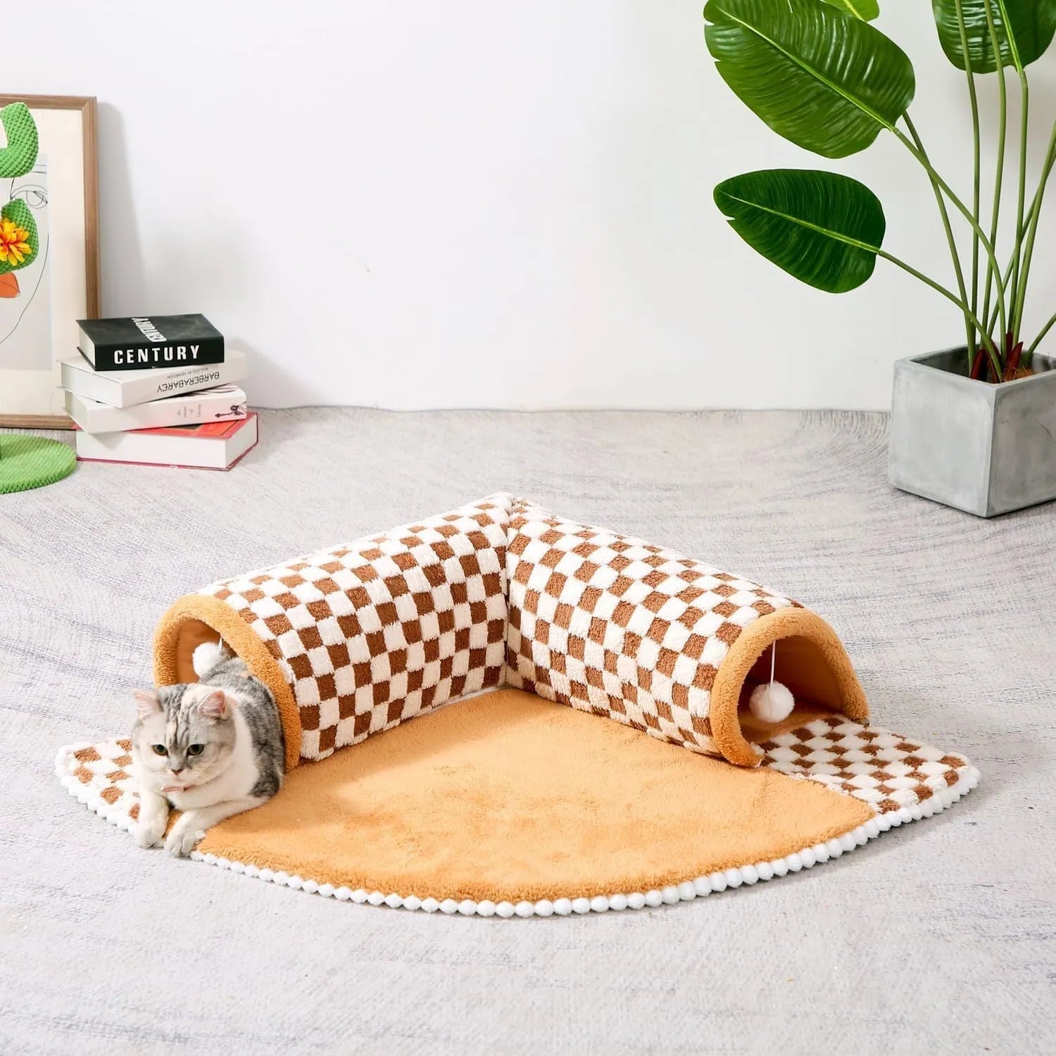 Coffee and yellow plaid fan-shaped pet bed tunnel with a thick plush mat and anti-slip base.
