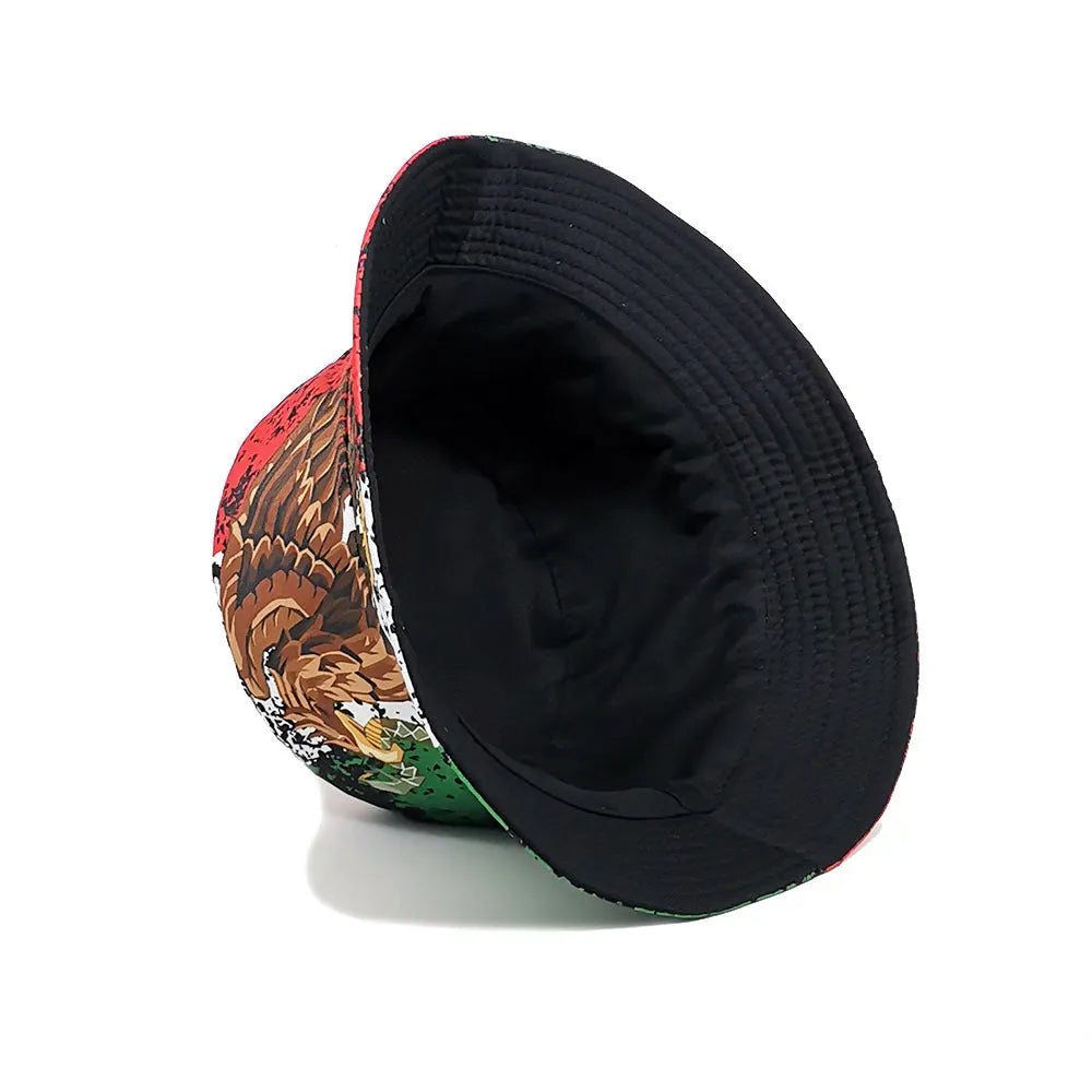 Retro eagle pattern bucket hat in size M with dome crown and polyester fabric