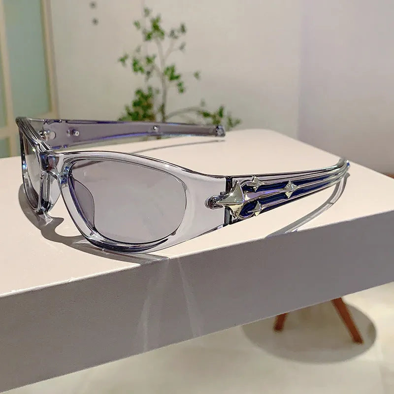 Outdoor sports sunglasses with PC frame and lenses in a choice of six colours including black frame blue lens.