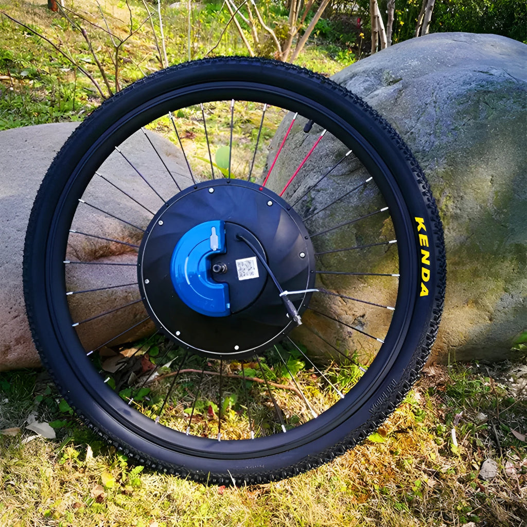 Yunzhilun bicycle electric conversion kit showing hub motor, lithium battery, and charger for 26-inch wheels.