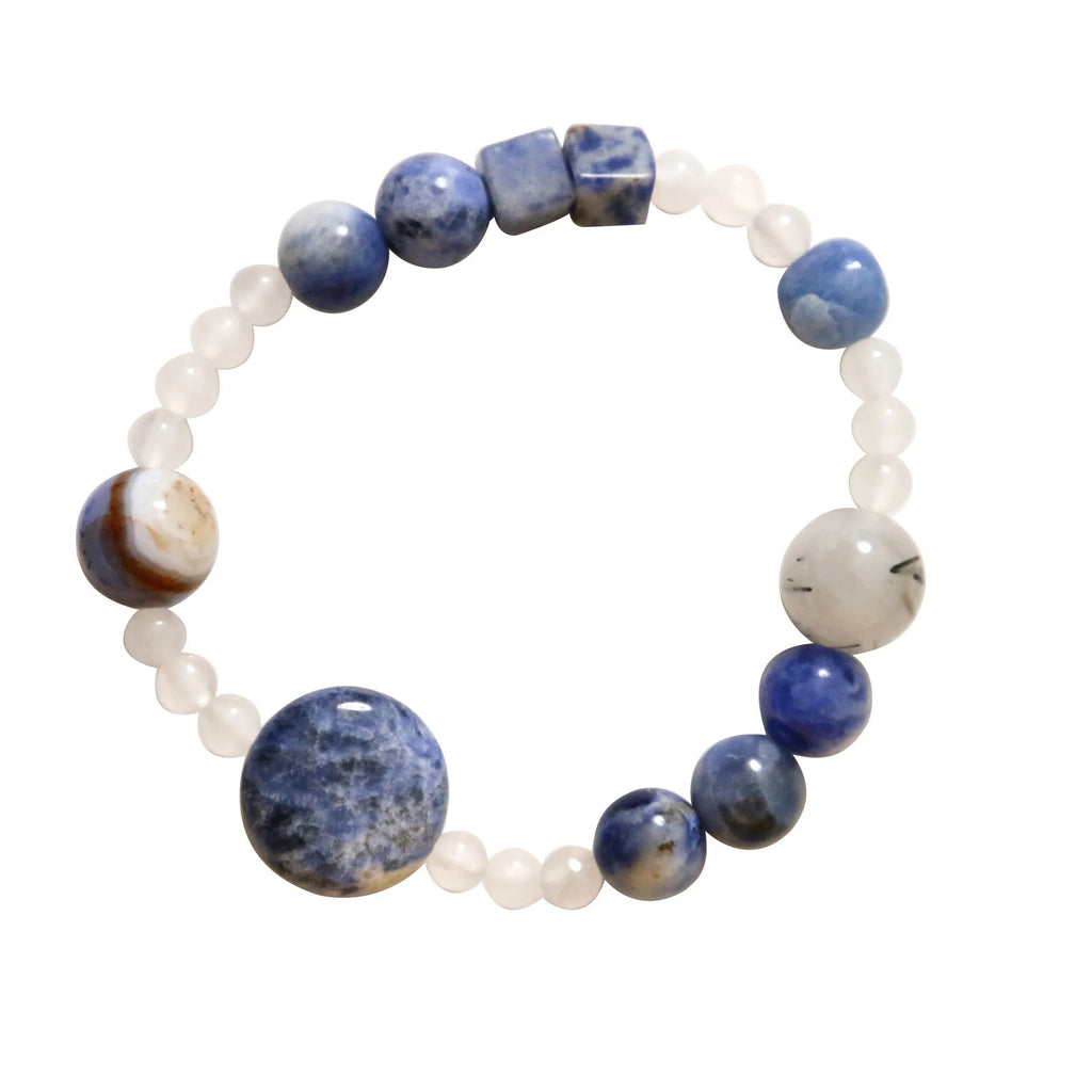 Natural blue point stone and black hair crystal agate hand-woven unisex bracelet with round and oval beads on white background