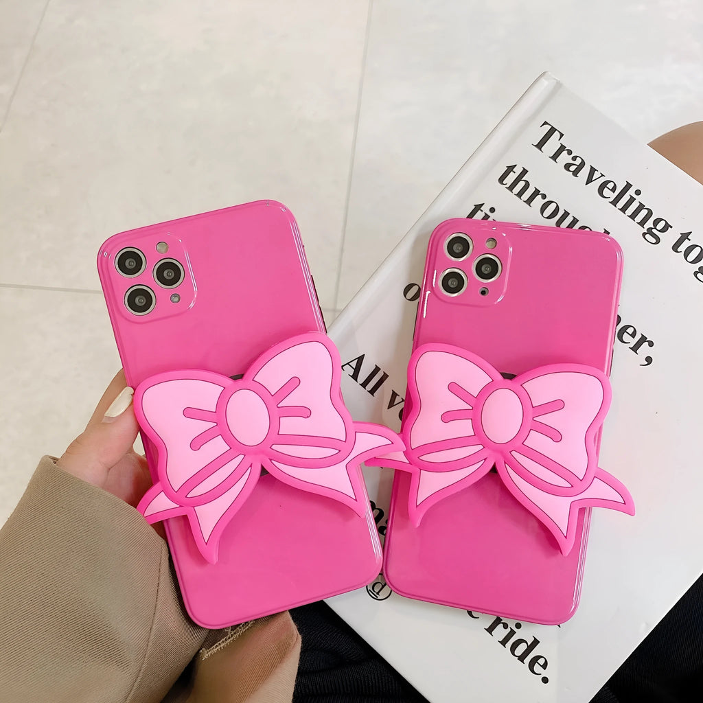 Rose Red TPU phone case with pink bow and kickstand for Apple iPhone