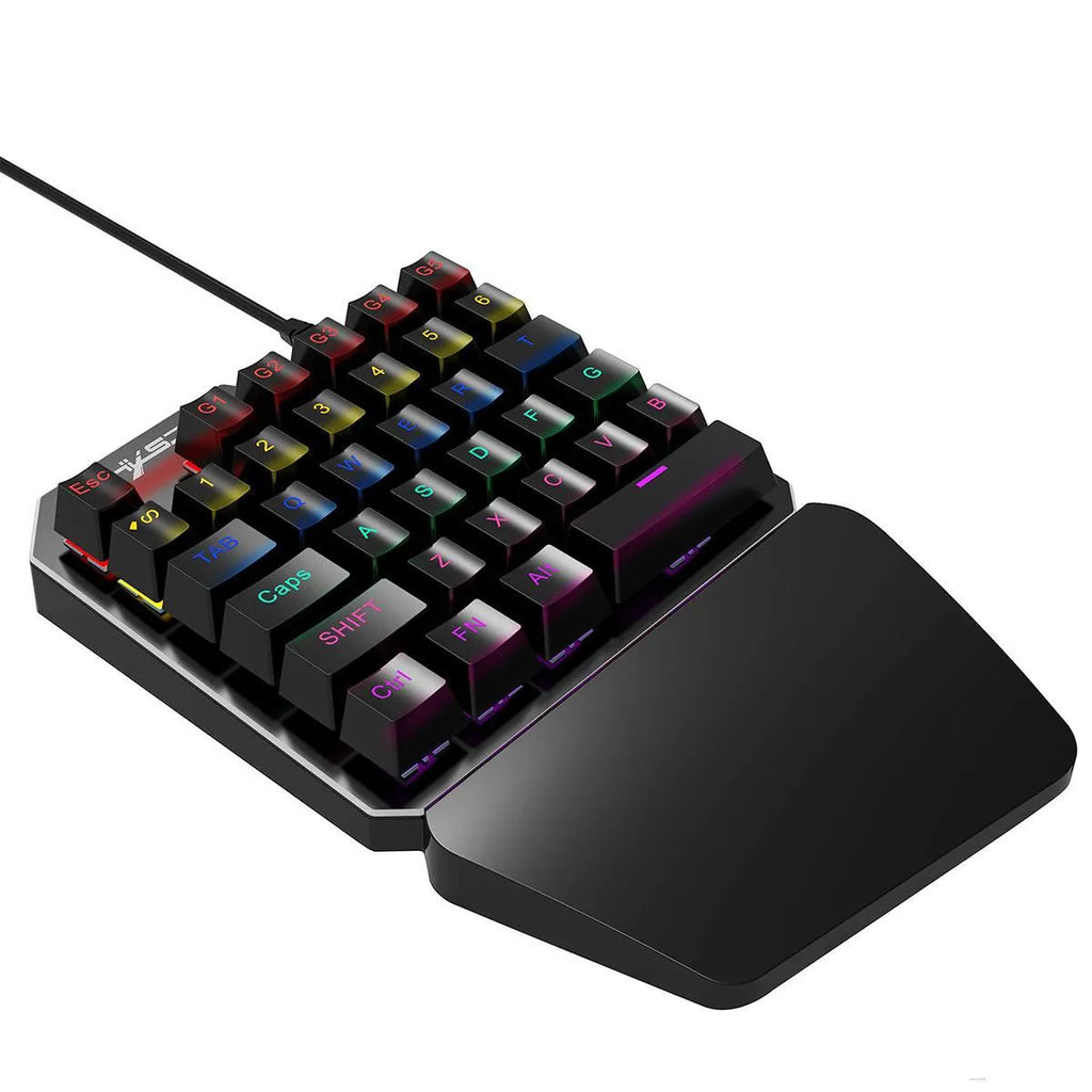Mini one-handed mechanical gaming keyboard with 35 keys, seven-color backlight, and hand rest on desk