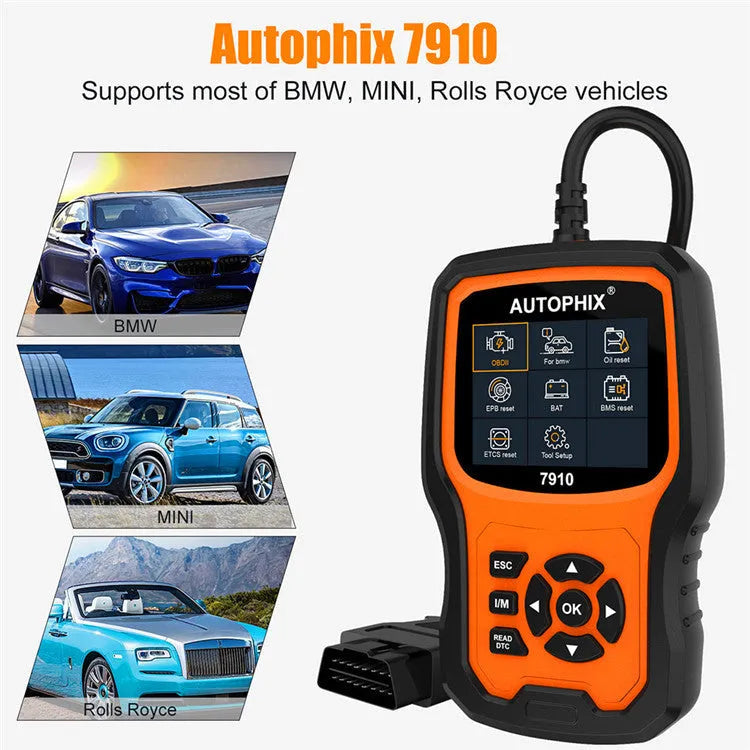 Autophix 7910 BMW diagnostic scanner OBD2 tool with display screen showing fault codes