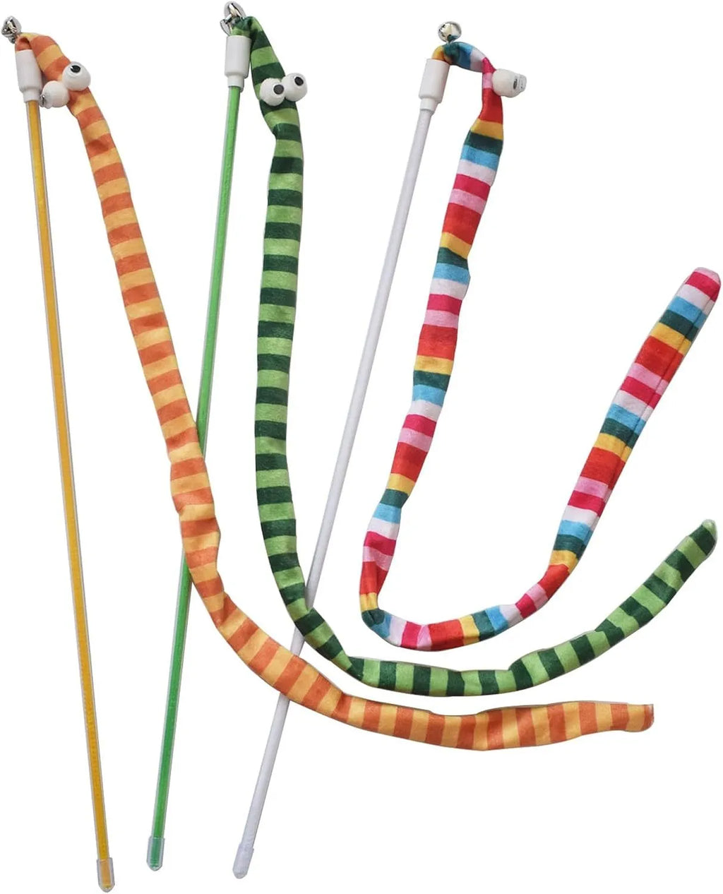 Cat teaser wand toy with long plush strip and bell on a polycarbonate pole.