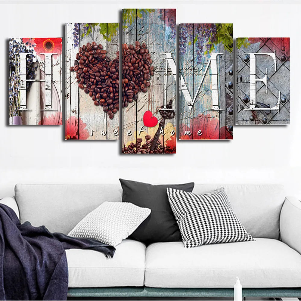 Red Home Sweet Home decoration board set of 5 pieces with oil painting finish, no frame
