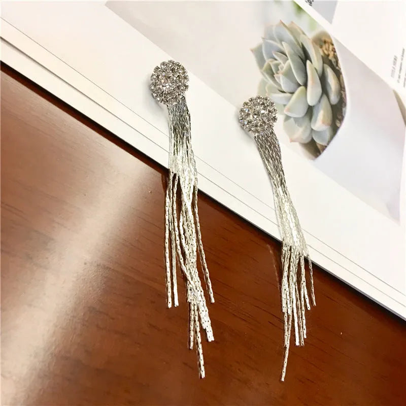 Silver crystal tassel drop earrings for women, metal plated Korean style jewellery