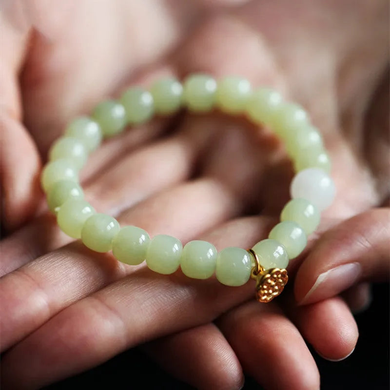 Green Hetian jade bracelet with vintage beads, ethnic style, natural stone jewellery for women