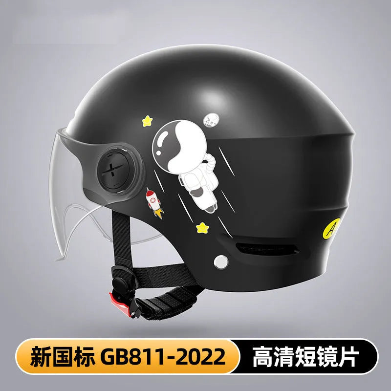 Khaki coloured ABS half helmet for electric motorcycles, shown with removable glasses attached.