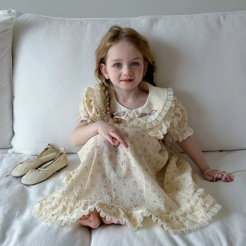 Beige floral cotton girls dress with lace trim short sleeves summer style