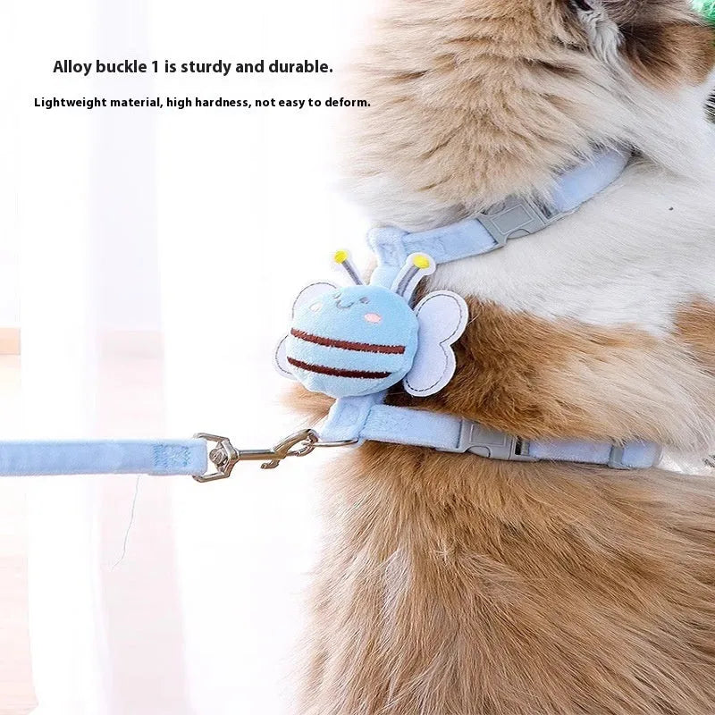 Bee-shaped adjustable cat lead and harness set in blue, pink, or yellow.