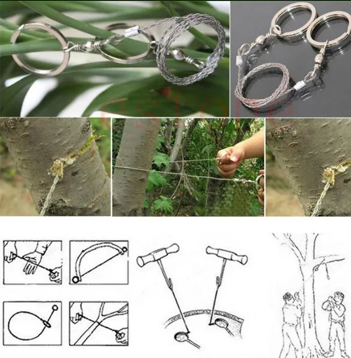 Outdoor survival wire saw with stainless steel blade, pull rings, and approximately 55cm cutting length