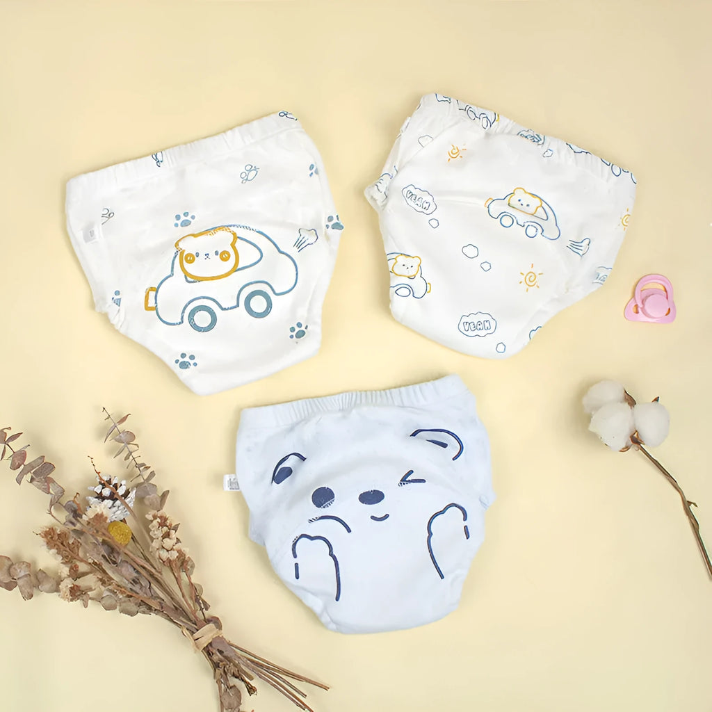 Newborn cloth diaper training pant in pure cotton gauze with waterproof outer, Bear Driving print, size 90 for babies under 9kg
