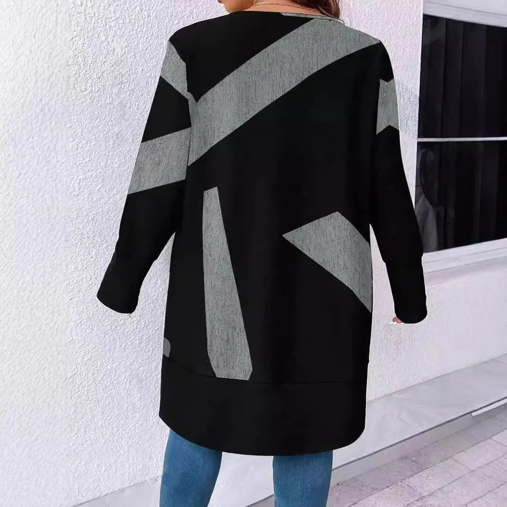 Black plus size cardigan coat with button stitching details and loose casual fit