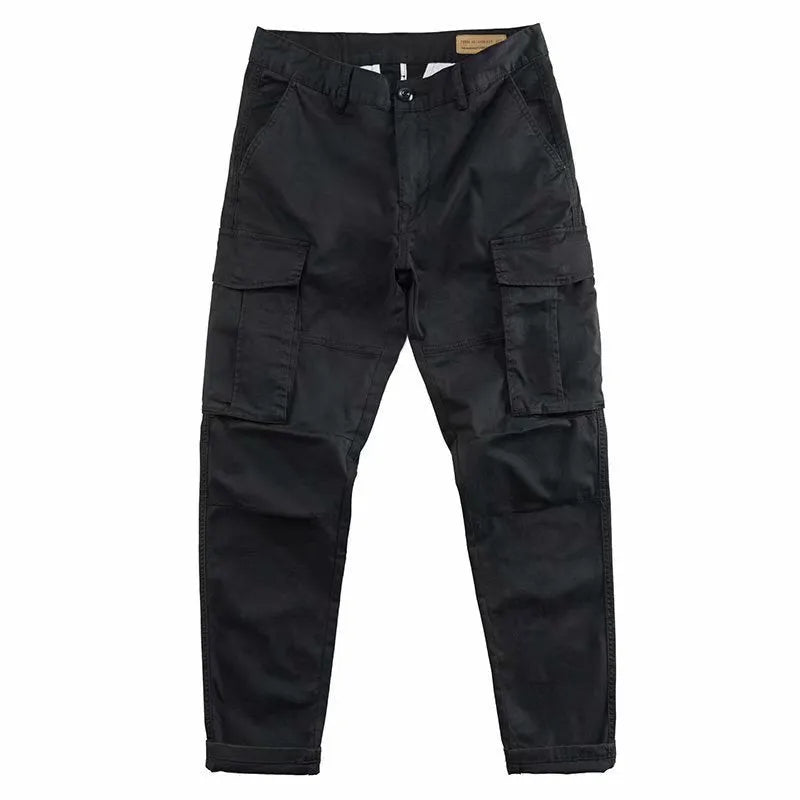 Men's cotton multi-pocket solid colour cropped work pants, available in black, blue, gray, khaki
