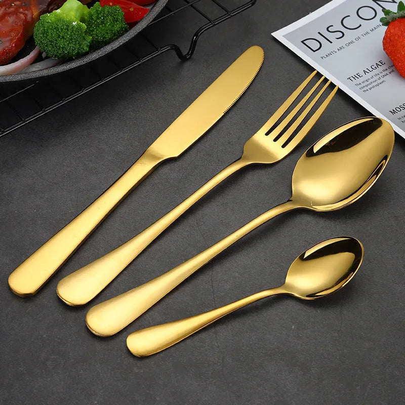 High-end tableware 24 piece set in stainless steel with one-piece moulding, available in multiple colours including black gold and rose gold