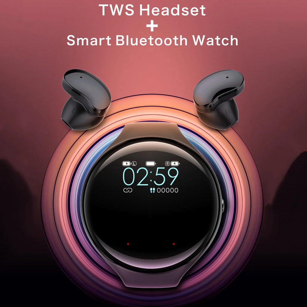 Black smart bracelet with detachable TWS earbuds showing colour screen display