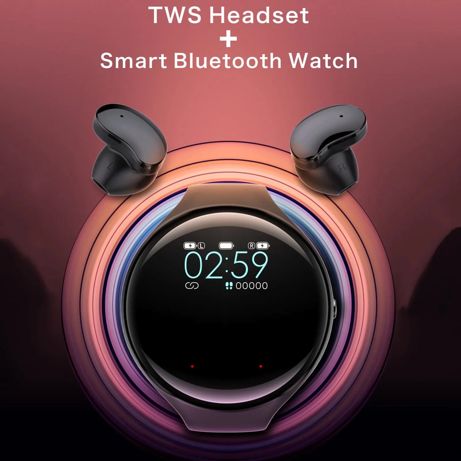 Black smart bracelet with detachable TWS earbuds showing colour screen display