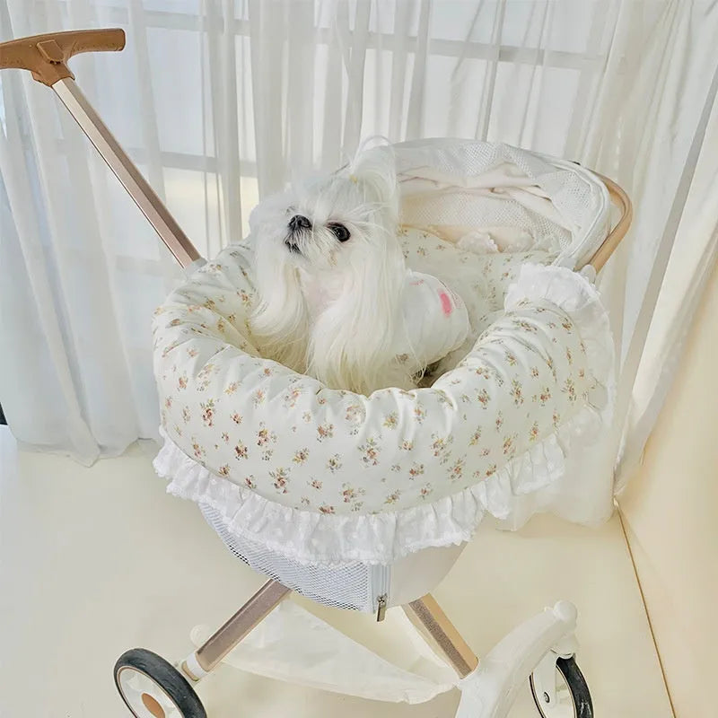 Removable pure cotton pet stroller set showing anti-dirty towel, cushion, and pillow in a floral pattern.
