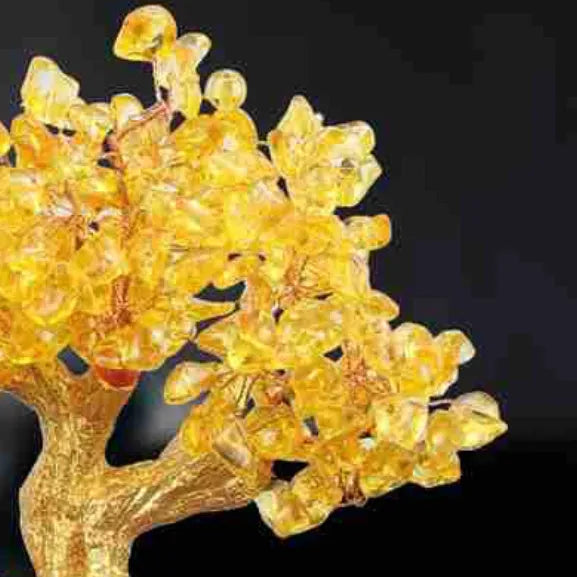 Citrine resin Feng Shui money tree ornament with small water turtle design measuring 18x11x23cm