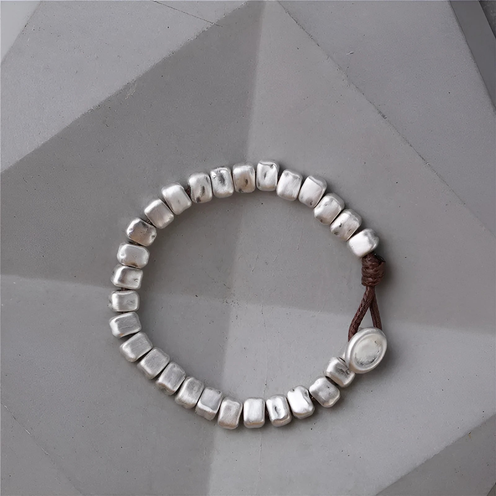Women's handmade irregular silver square bracelet with wooden charm on elastic band