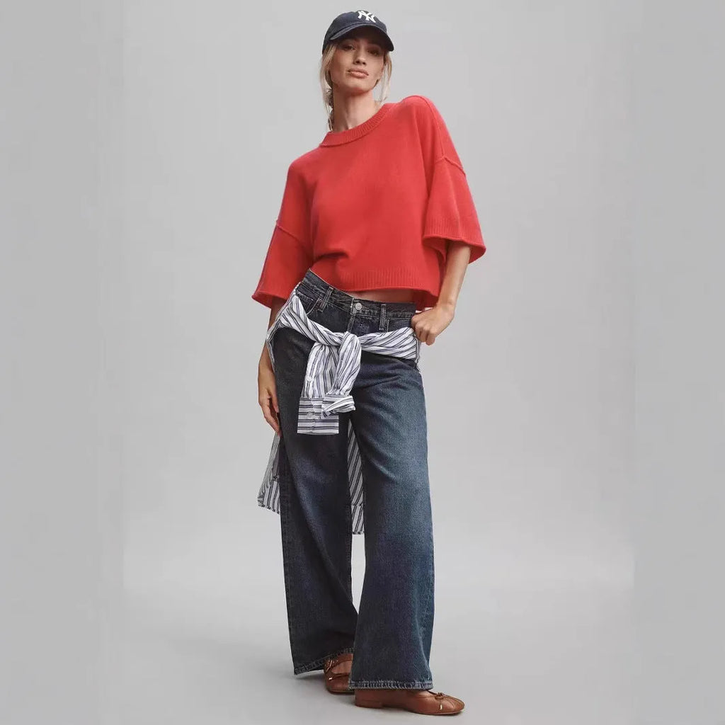 Women's red crop t-shirt in viscose fabric with regular sleeves and exposed navel styling