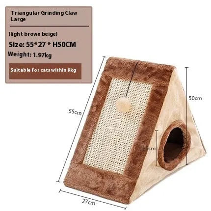 Triangular cat nest bed with sisal scratching posts in grey and white colour.