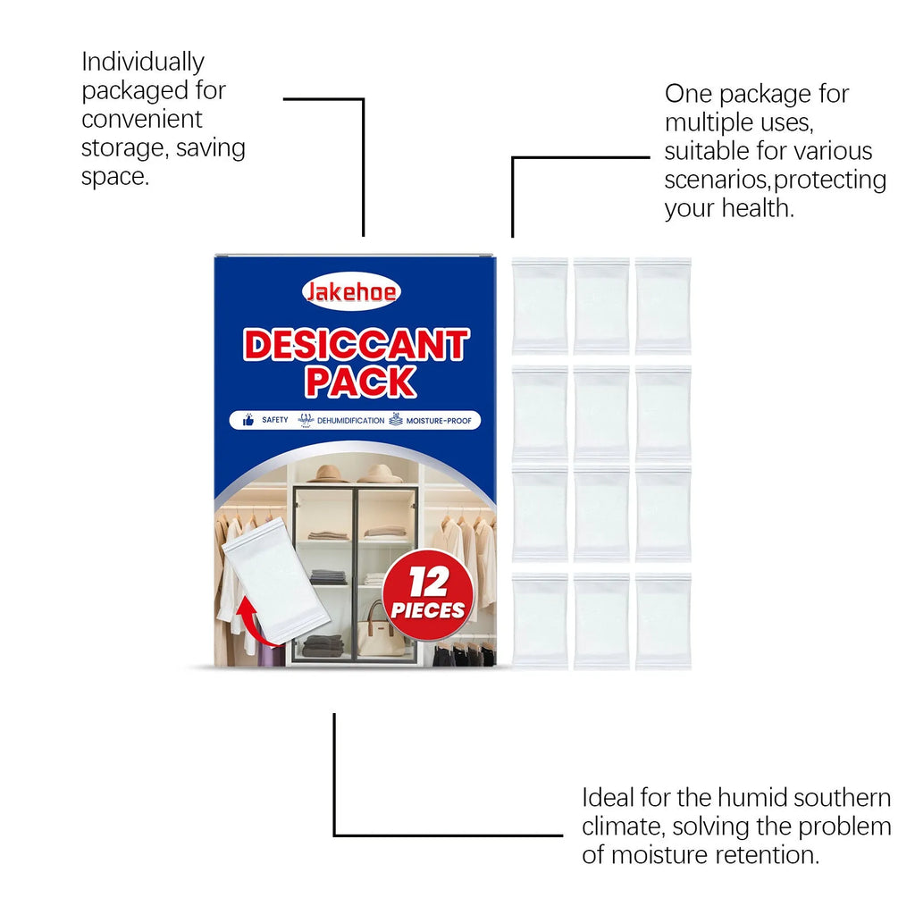 Pack of 12 white calcium chloride desiccant sachets for household moisture control.