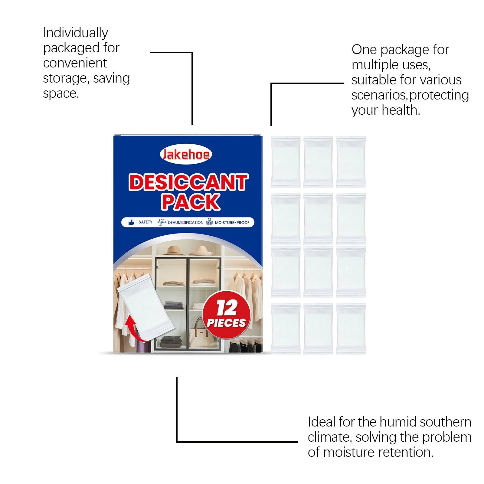 Pack of 12 white calcium chloride desiccant sachets for household moisture control.