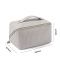 Vertical pattern makeup bag with cubic 22.5cm dimensions in beige, black, brown, grey, and pink colour options