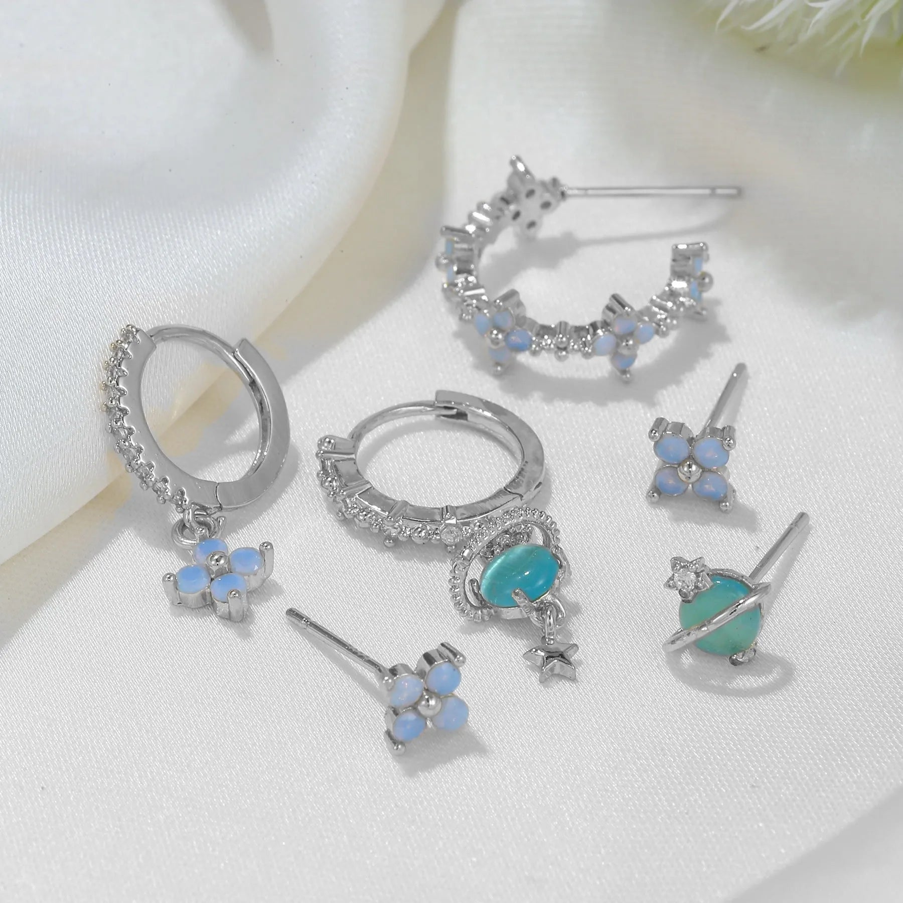 Gold and silver flower ear studs with zircon mosaic geometric Japanese Korean style design