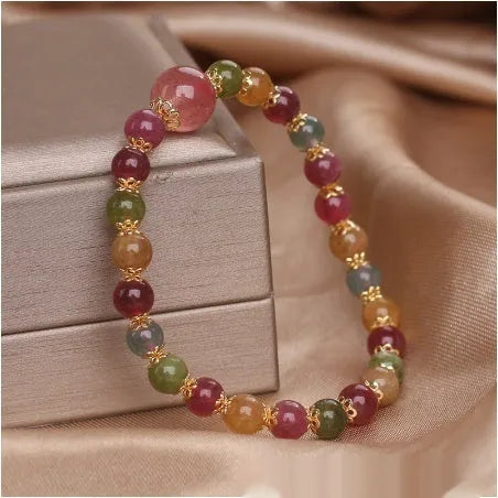 Natural tourmaline and strawberry quartz round bead bracelet, 10mm unisex handmade gift